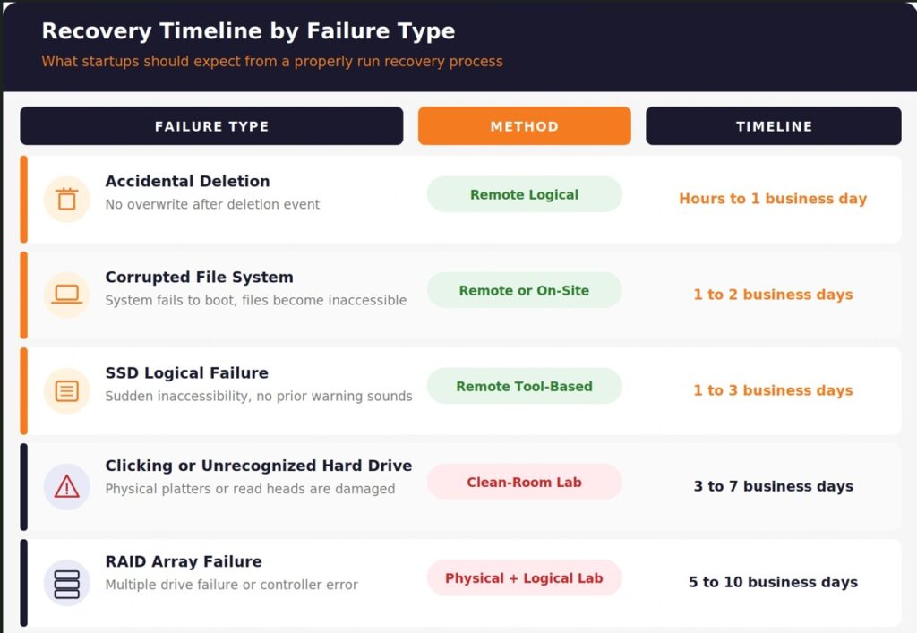 startup data recovery timeline cost